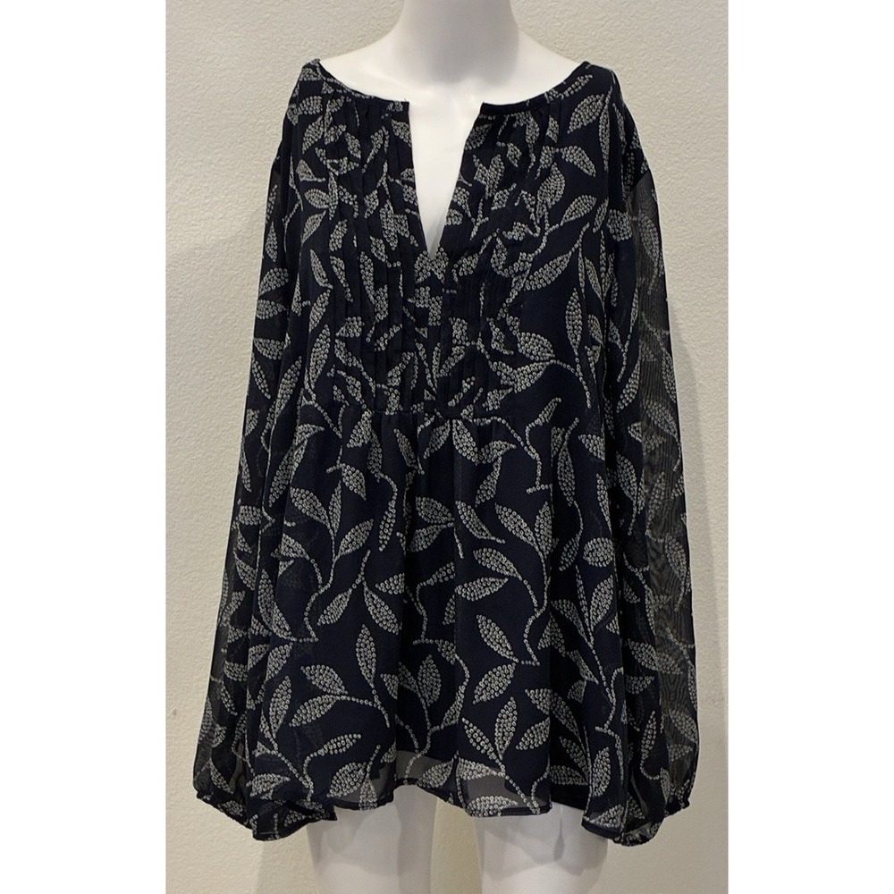 Lane Bryant Size 20 Navy/White Sheer Overlay Top Leaf AOP Flowy Career Boho Chic
